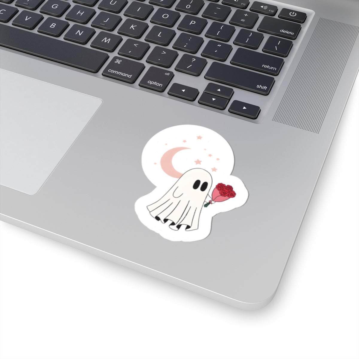 Cute Ghost Holding Roses Kiss-Cut Sticker | Moon and Stars Vinyl Sticker