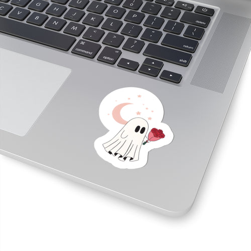 Cute Ghost Holding Roses Kiss-Cut Sticker | Moon and Stars Vinyl Sticker