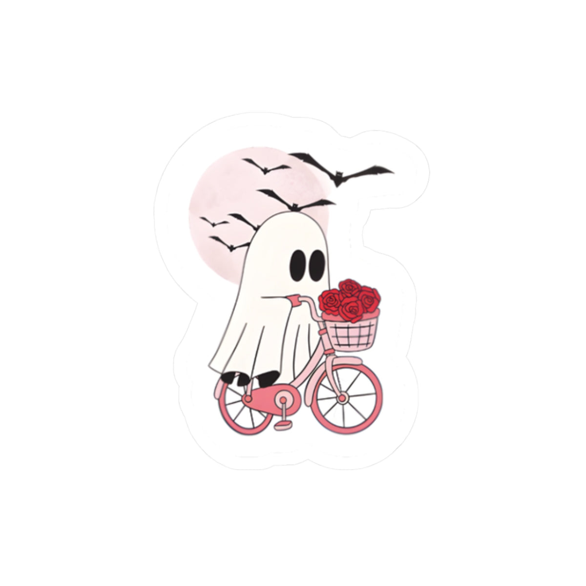 Ghost on Bicycle Sticker | Kiss-Cut ghost with roses, pastel moon, bats