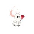 Cute Ghost Holding Roses Kiss-Cut Sticker | Moon and Stars Vinyl Sticker