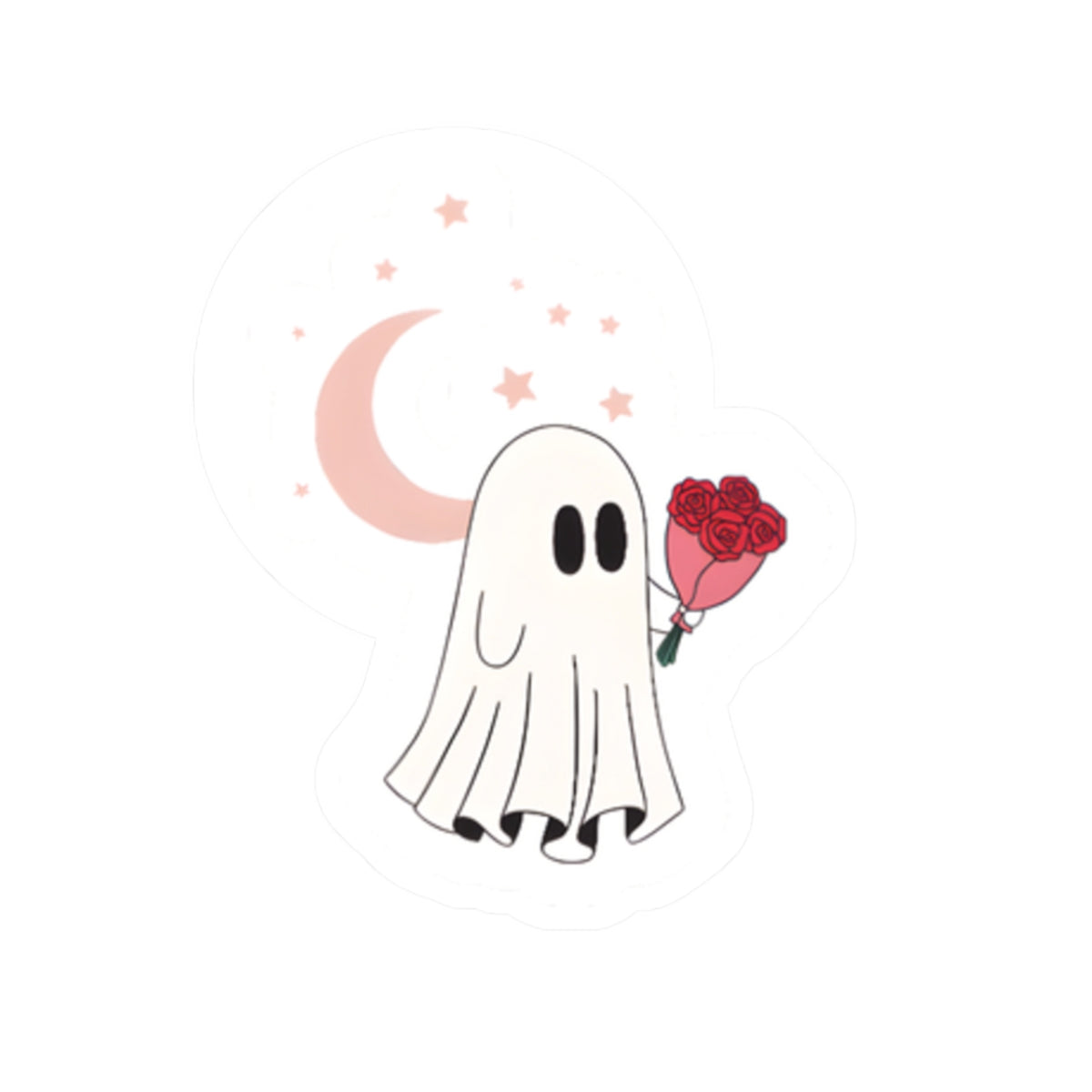 Cute Ghost Holding Roses Kiss-Cut Sticker | Moon and Stars Vinyl Sticker