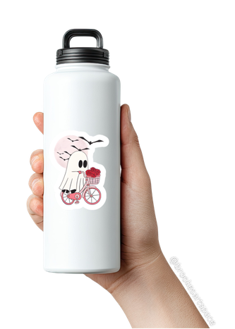 Ghost on Bicycle Sticker | Kiss-Cut ghost with roses, pastel moon, bats
