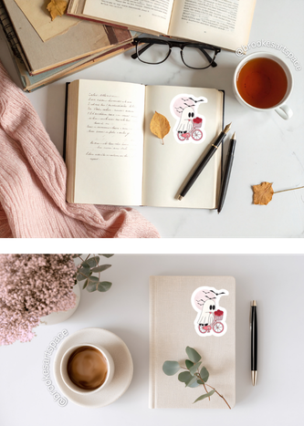 Ghost on Bicycle Sticker | Kiss-Cut ghost with roses, pastel moon, bats