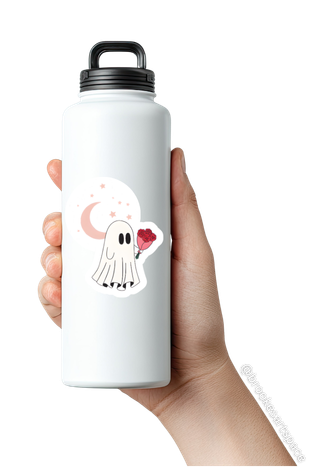 Cute Ghost Holding Roses Kiss-Cut Sticker | Moon and Stars Vinyl Sticker