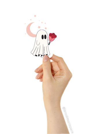 Cute Ghost Holding Roses Kiss-Cut Sticker | Moon and Stars Vinyl Sticker