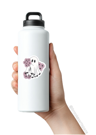 Cute Ghost with Pink Daisies Sticker