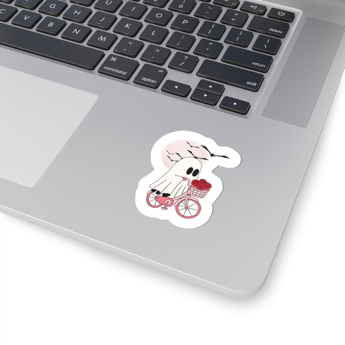 Ghost on Bicycle Sticker | Kiss-Cut ghost with roses, pastel moon, bats