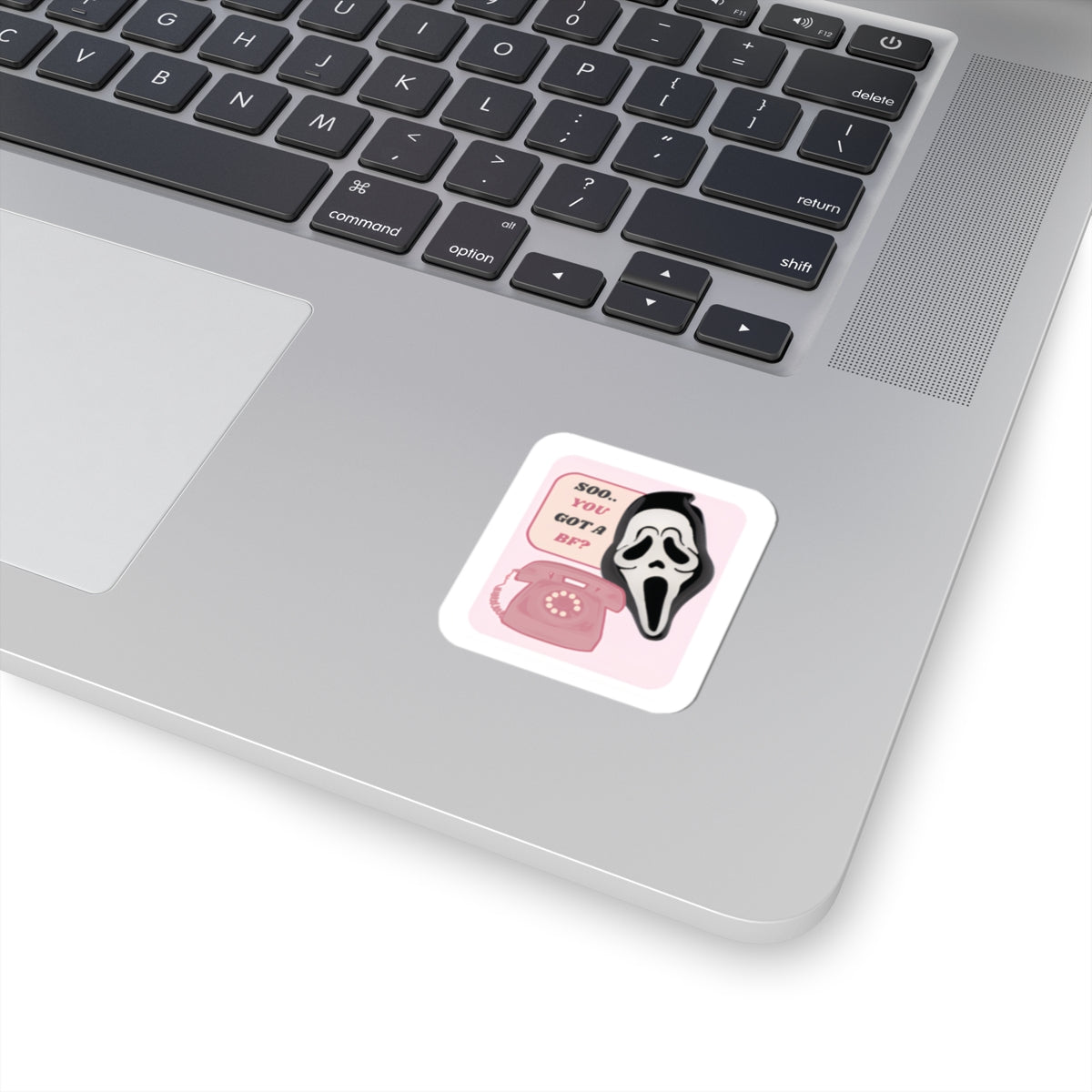 Scream Mask with Pink Rotary Phone Kiss-Cut Sticker | 'Soo.. You Got A BF?'