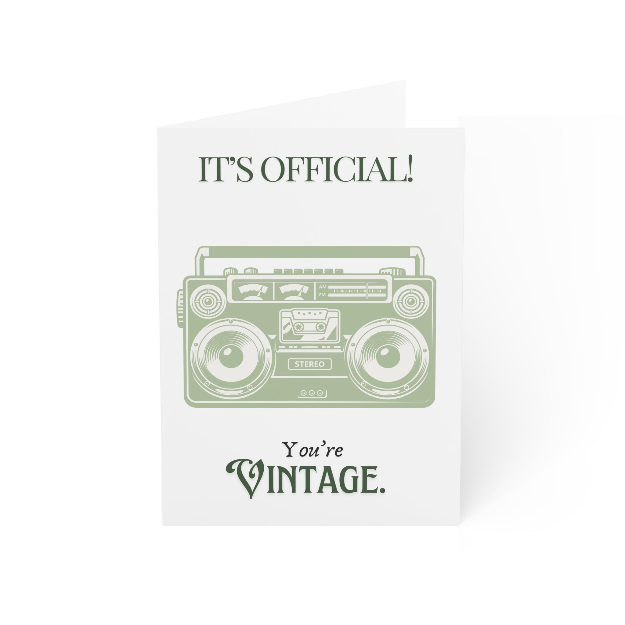 Vintage Boombox Greeting Card — “It’s Official! You’re Vintage.” (1/10/30/50 pcs)