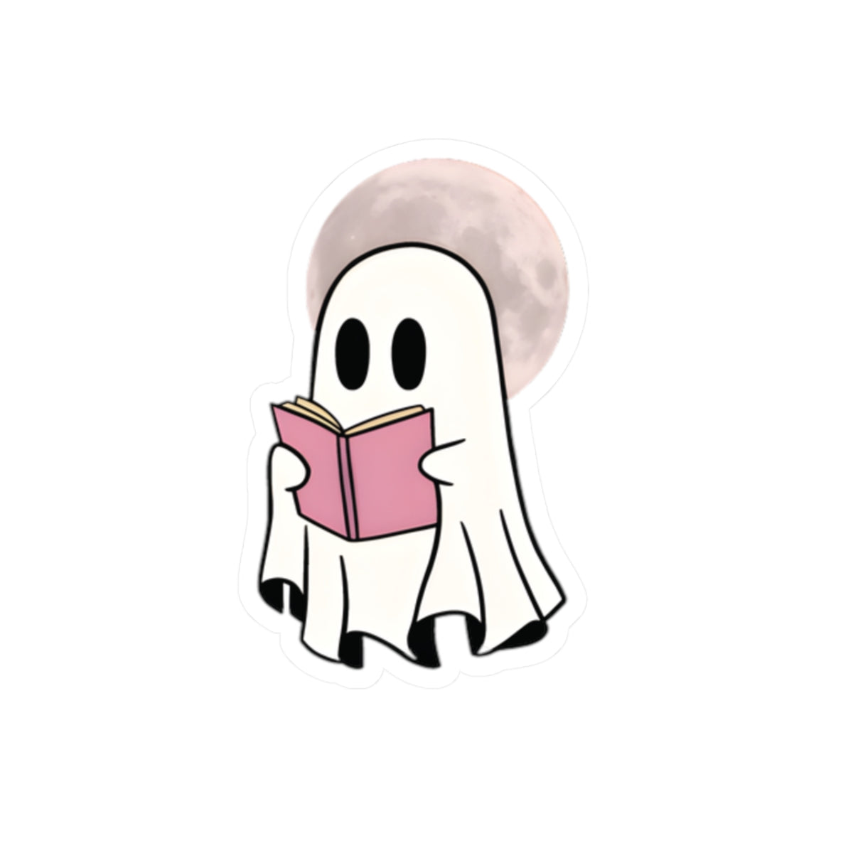 Reading Ghost Sticker | Kiss-Cut Sticker, Cute Spooky Moon Design